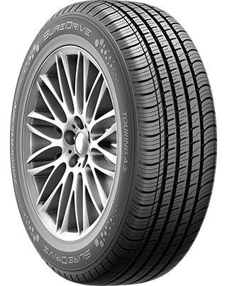 SureDrive Touring A/S tire on a silver mesh alloy wheel, all-season tread with four straight circumferential grooves